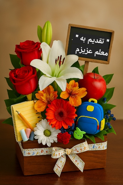باکس گل روز معلم پیام تشکر لیلیوم رز قرمز redroseshop.ir