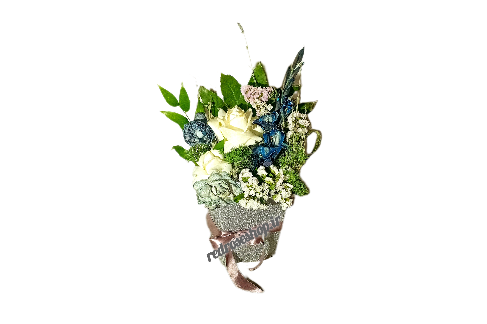 باکس گل رز طوسی،گلایل آبی لاجوردی،ایساتیس،لیلیوم