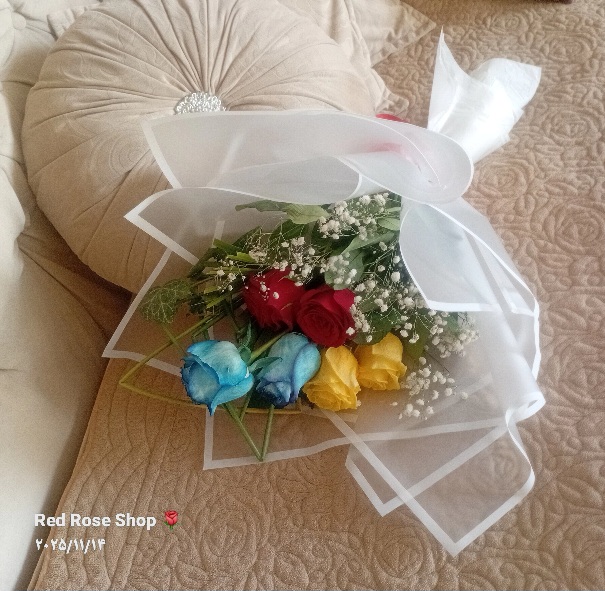 دسته گل رز ۶شاخه قرمز و زرد و ابی