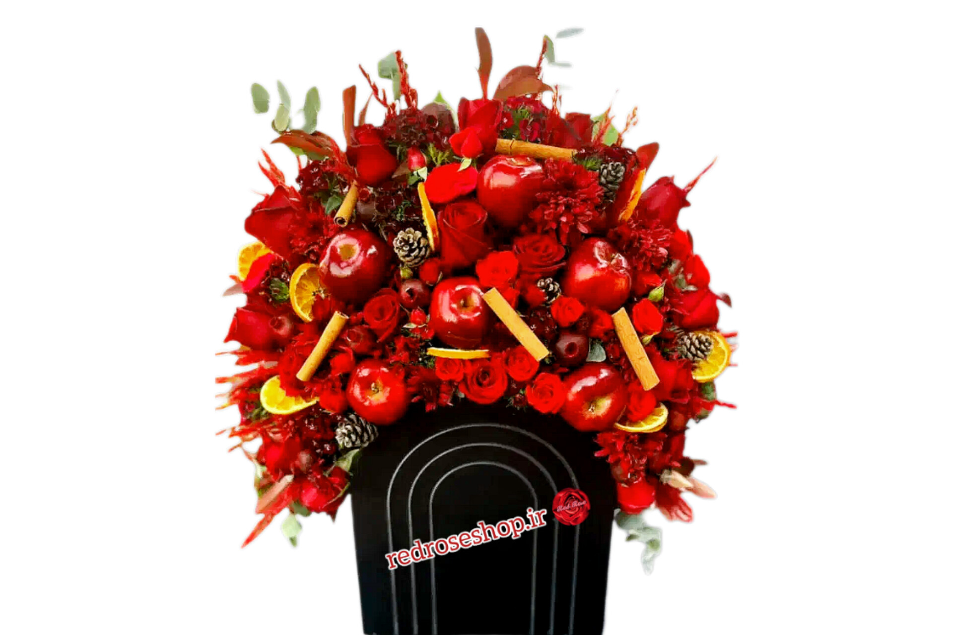 باکس-بلند-مشکی-با-تزیین-میوه های-پاییزی-انار-سیب-قرمزپرتقال-رز-قرمز-میوه-کاج-برگ-تزیینی