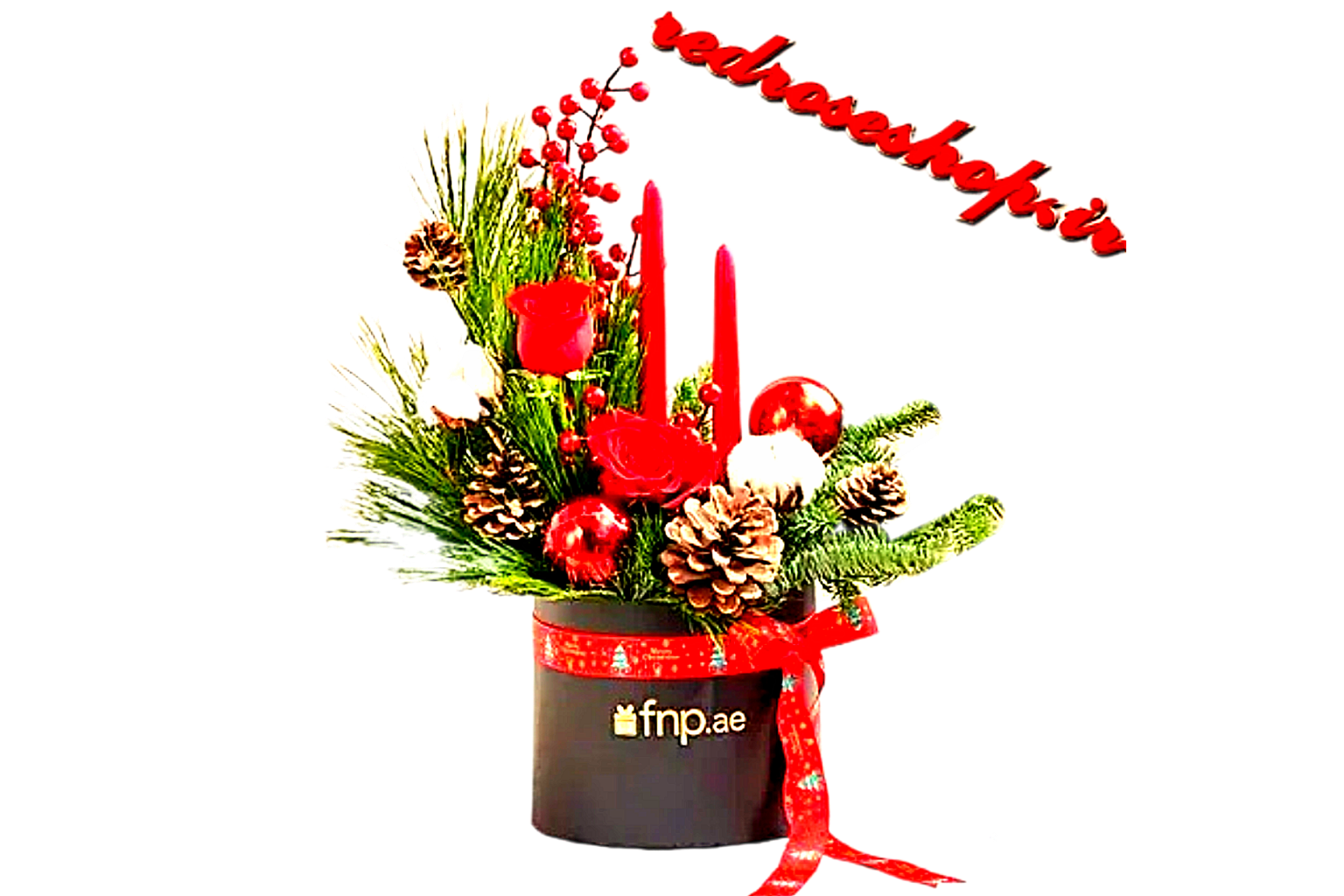 باکس-هدیه-کریسمس-برگ-و-میوه-کاج-رز-قرمز-شمع