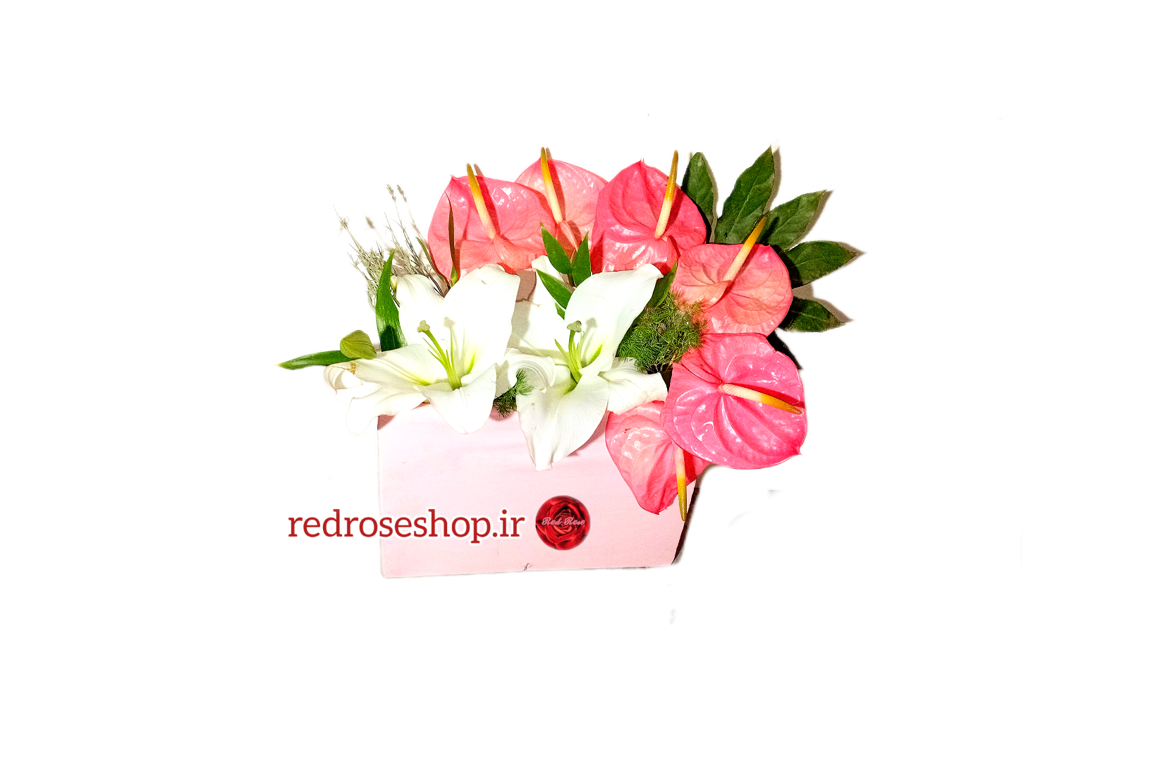 باکس-گل-تبریک-لیلیوم-سفید-انتوریوم-صورتی