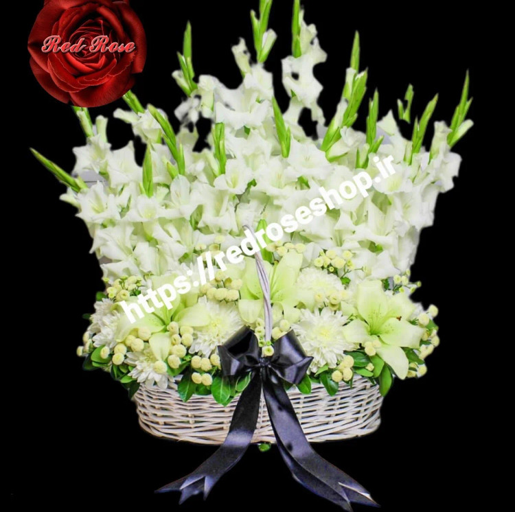 سبد -گل -ترحیم- سفید-گلایل-اورینتال-داوودی-روبان-مشکی