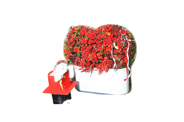 باکس -سفید-گل های-قرمز-فریزیا-آلسترومریا-رز-برگ-قرمز-و-سبز-طرح-قلب