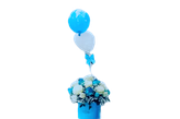 باکس- گل- رز-سفید-آبی-هدیه- زایمان- و- تولد- پسر-بادکنک-بوبو-بالن-سفید-آبی