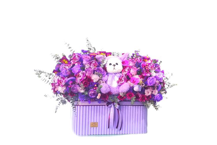 باکس گل بنفش با عروسک