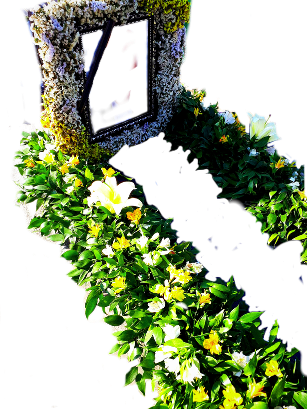 گل- آرایی -مزار -مجلس- چهلم- ختم-گل-اورینتال-زرد-آلسترومریا-سفید-زرد-برگ-سبز-قاب-گل-عکس-ایساتیس-سفید-زرد