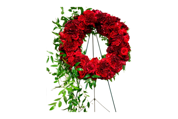 تاج-گل-گرد-پایه-فلزی-گل-میخم-قرمز-داوودی-قرمز-برگ-بامبو-تزیین-ابشاری