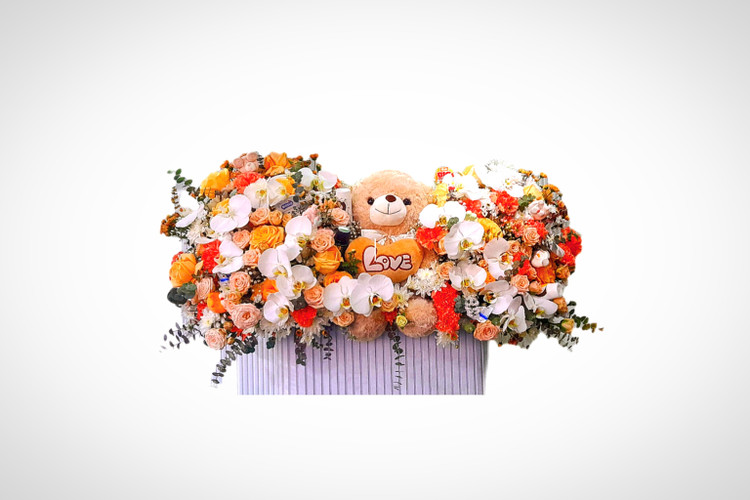 باکس گل ارکیده،رز،داوودی با عروسک