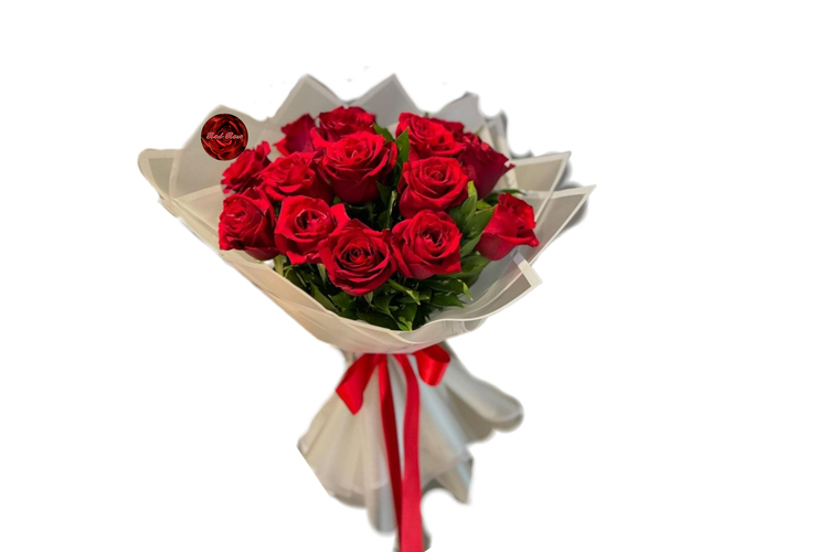 دسته -گل -گرد-رز -قرمز -هلندی-روبان-ساتن-قرمز