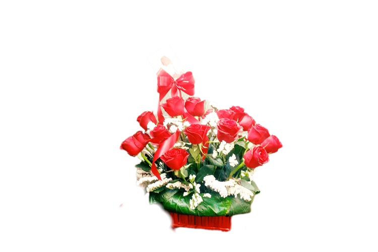 سبد -گل- رز -قرمز-گرد-برگ-سبز