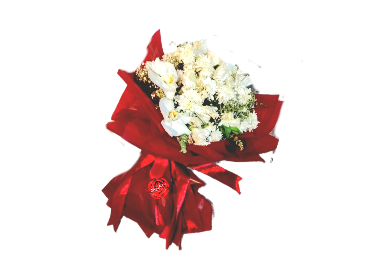 دسته گل بزرگ سوپرایز و تبریک و پیشنهاد ازدواج گل های ارکیده،داوودی،لیسین توس با روبان قرمز