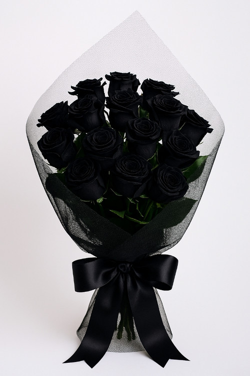 دسته- گل- رز- مشکی- بسته-بندی-تور- روبان-کاغذ- مشکی