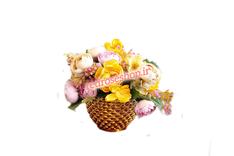 گل مصنوعی پیونی زرد و صورتی در گلدان طلایی کوچک
