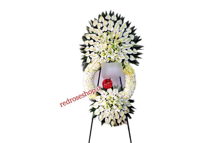 لیلیوم_انتوریوم_داوودی_تاج_گل_ترحیم_سه_طبقه_تم_سفید_وسط_حلقه