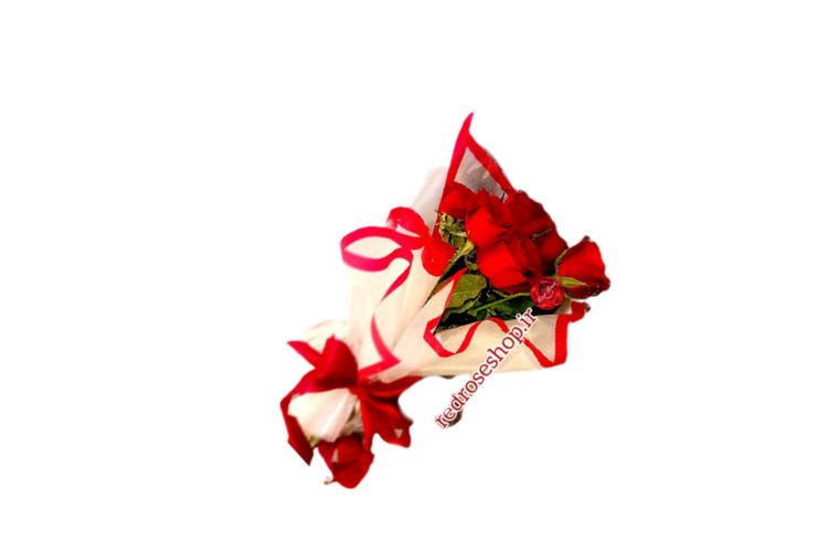 دسته -گل-شش-شاخه- رز- قرمز- روبان- قرمز