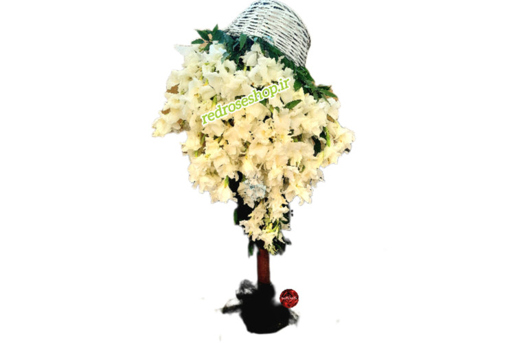 سبد-گل-ترحیم-وارونه-پایه دار-ایستاده-ختم-گلایل-سفید-حجیم
