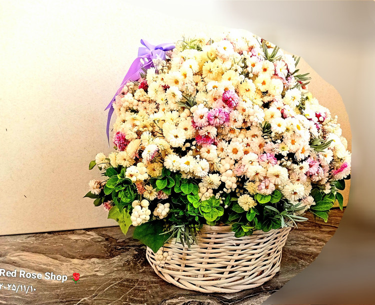 سبد-سفید-گرد-گل-داپپدی-مینیاتوری-سفید-یاسی-روبان-یاسی-برگ-سبز