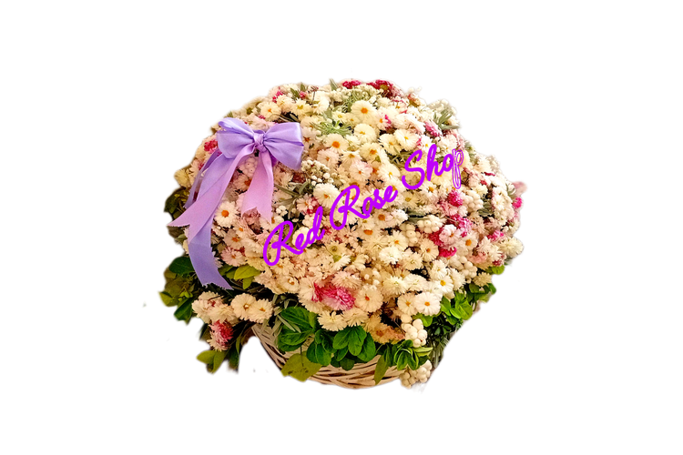 سبد-سفید-گرد-گل-داپپدی-مینیاتوری-سفید-یاسی-روبان-یاسی-برگ-سبز