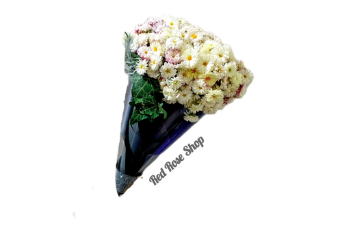 دسته_گل_ترحیم_داوودی_مینیاتوری_حجیم_رسمی_کاغذ_مشکی_برگ_سبز_تزیینی