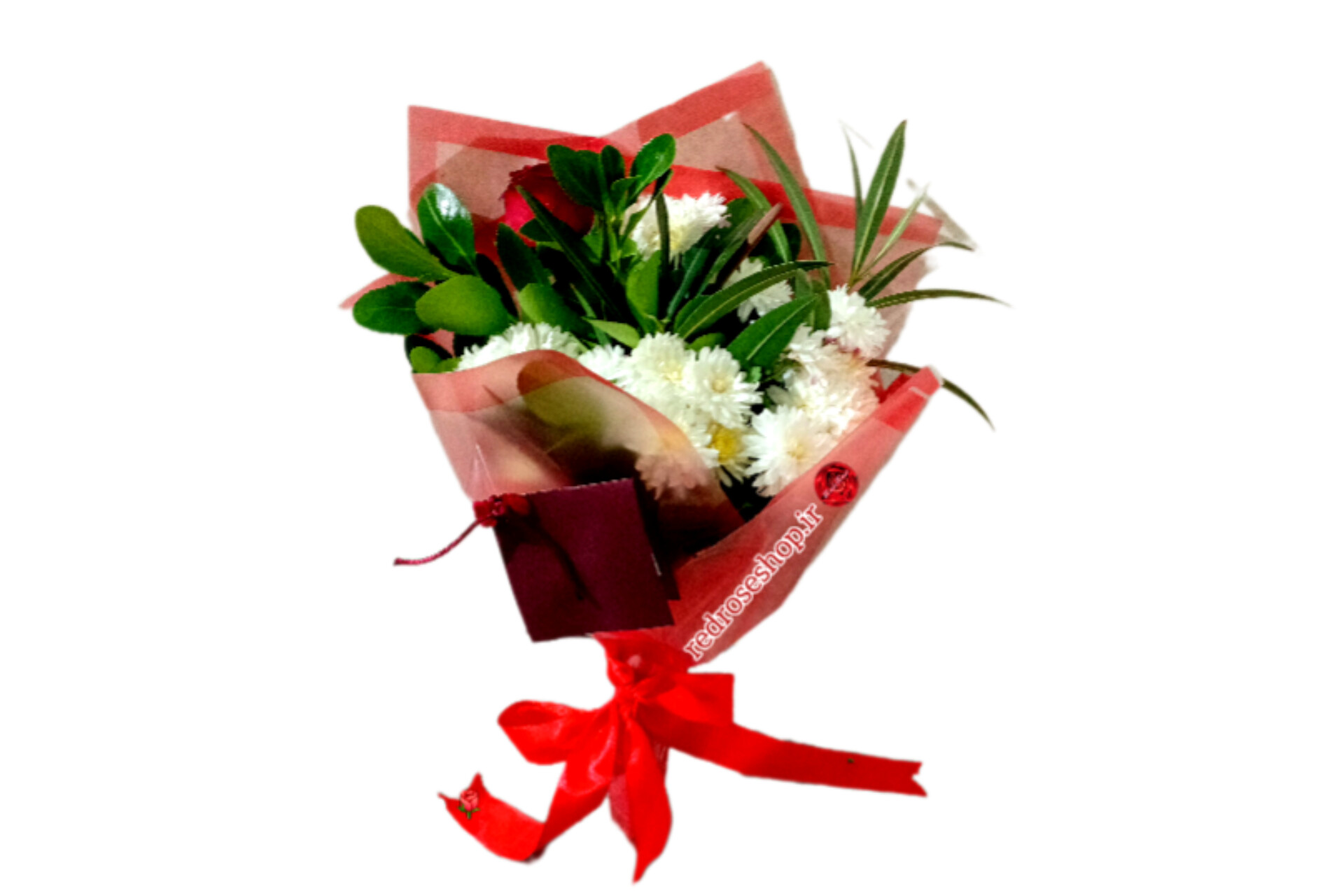 دسته گل رمانتیک عاشقانه قرمز رز قرمز تک شاخه و داوودی سفید