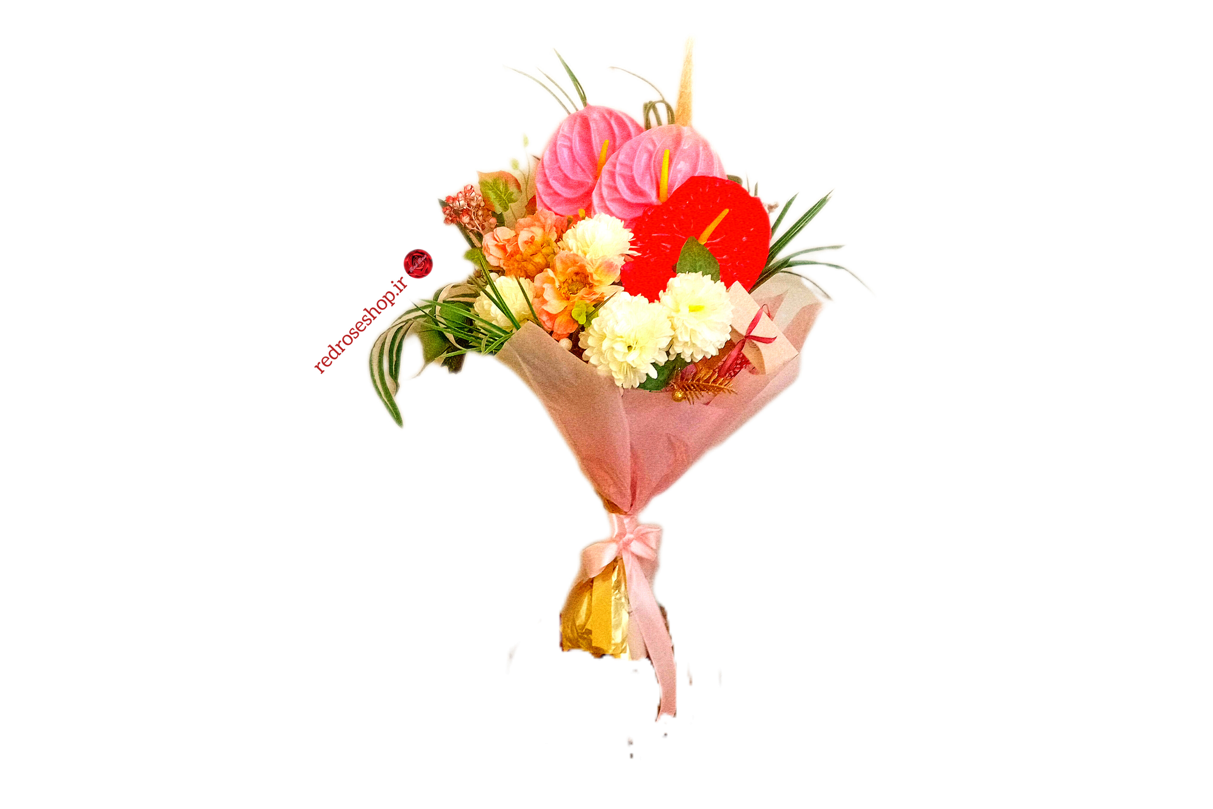 دسته_گل_مصنوعی_تبریک_انتوریوم_صورتی_داوودی_سفید_پیونی_صورتی_تزیین_کاغذ_روبان_صورتی