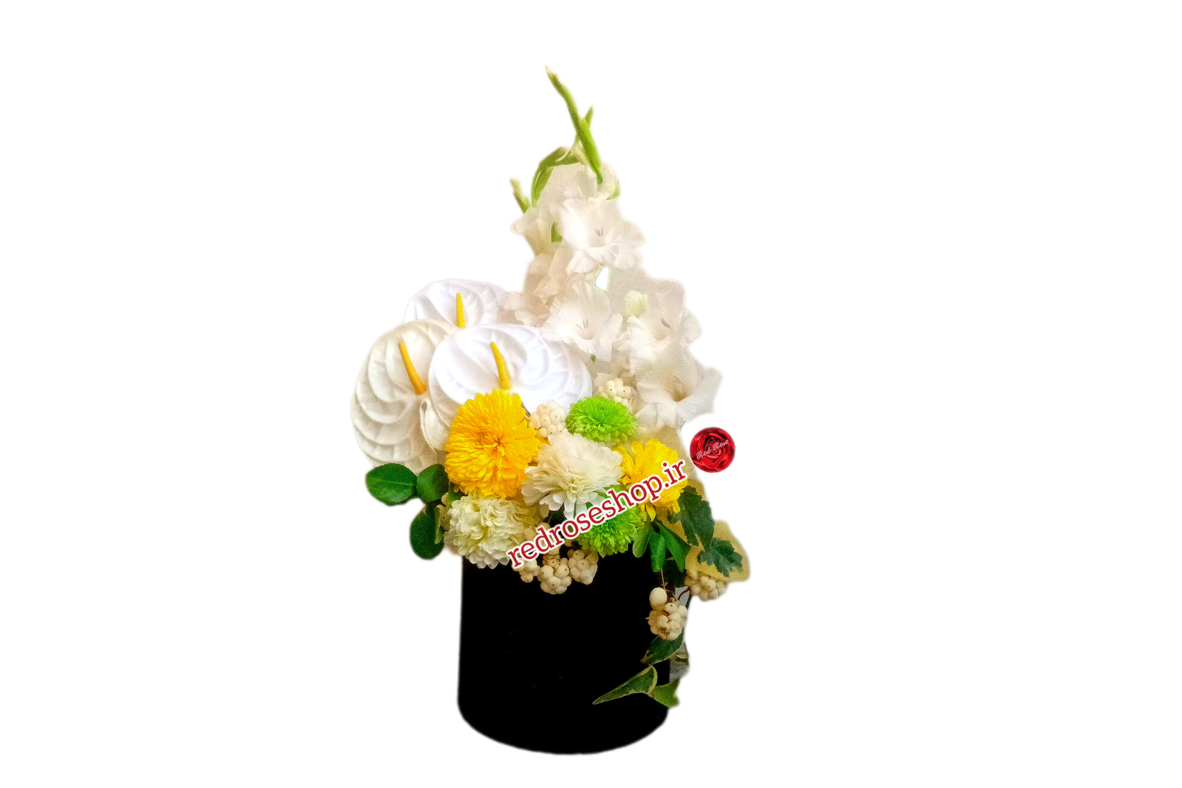 باکس گرد مشکی گل داوودی سفید سبز زرد گلایل انتوریوم سفید ترحیم