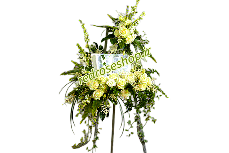 تاج-گل-تبریک-پایه دار-گلهای-سفید-رز-شبو-مریم-برگهای-سبز-تزیینی-پهن-و-ریز