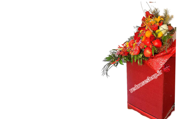 سبد-گل-میوه-ابشاری-یلدا-دیزاین-عروس-قرمز