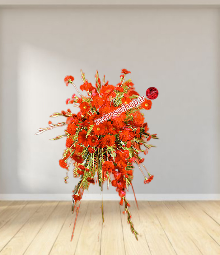 تاج-گا-تبریک-ابشاری-گلهای-قرمز-ژربرا-گلایل-میخک-یک-طبقه