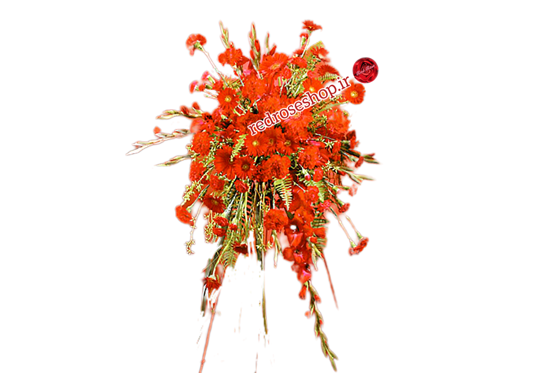 تاج-گل-تبریک-آبشاری-گلهای-قرمز-یک-طبقه-ژربرا-گلایل-میخک