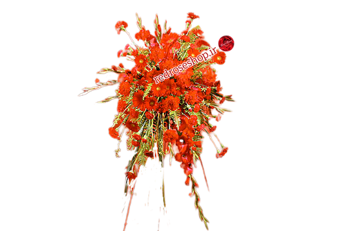 تاج-گل-تبریک-آبشاری-گلهای-قرمز-یک-طبقه-ژربرا-گلایل-میخک