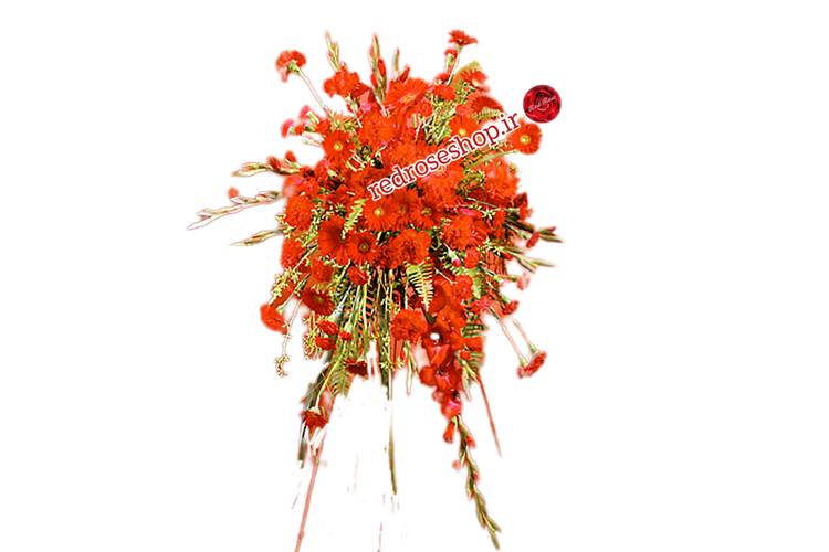 تاج-گل-تبریک-آبشاری-گلهای-قرمز-یک-طبقه-ژربرا-گلایل-میخک