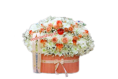 باکس-جعبه-بیضی-صورتی-گل-رز-مینیاتوری-صورتی-داوودی-سفید-عروس-روبان-صورتی