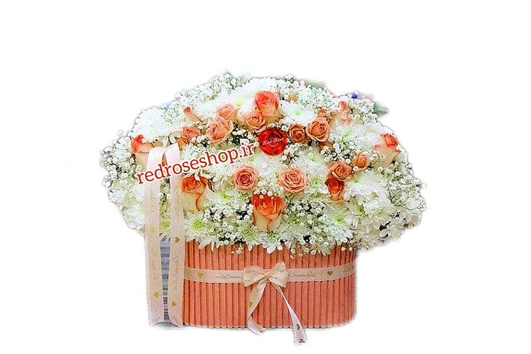 باکس-جعبه-بیضی-صورتی-گل-رز-مینیاتوری-صورتی-داوودی-سفید-عروس-روبان-صورتی