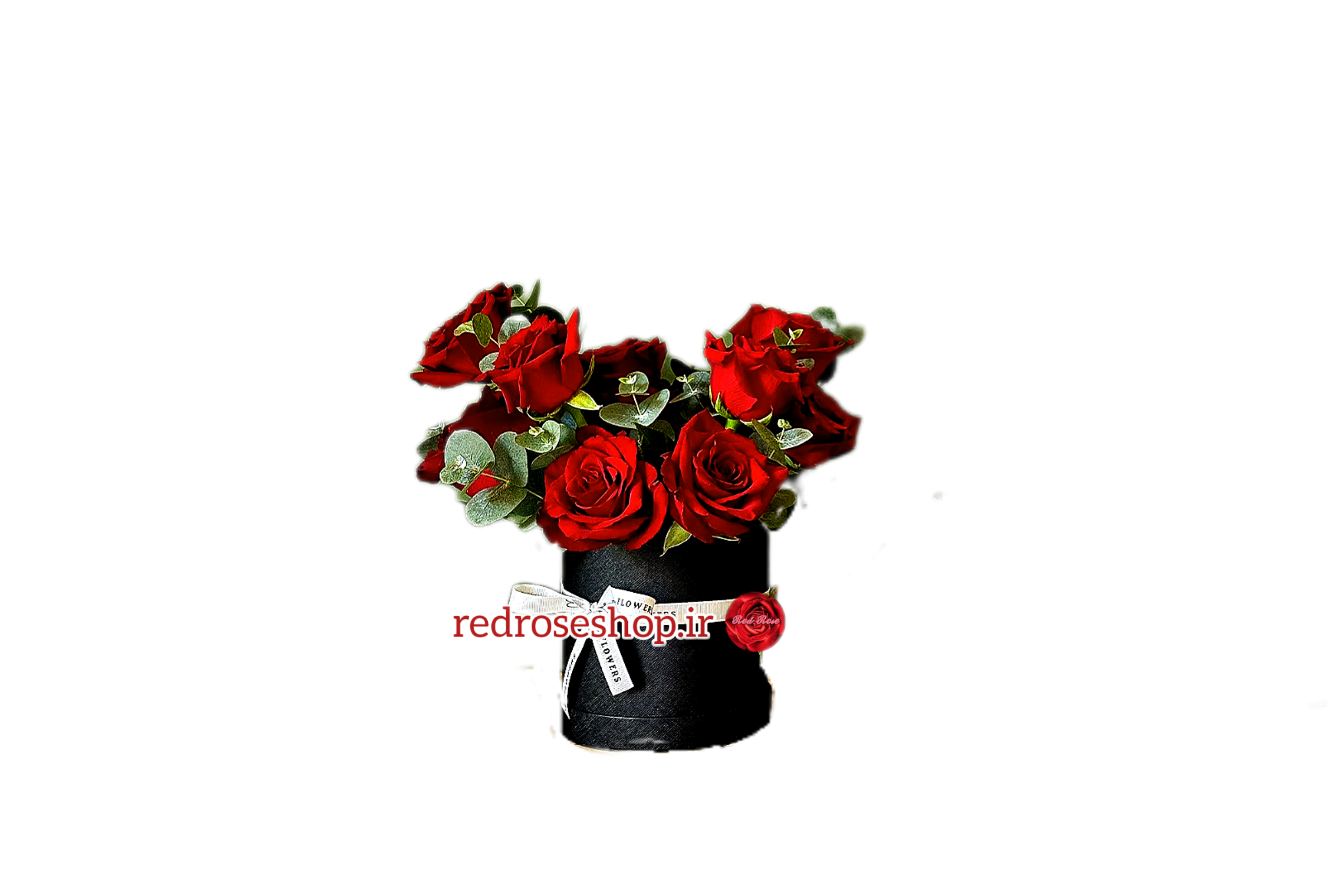 باکس-گل-مصنوعی-مینیمال-گرد-مشکی-رز-قرمز-برگ-اکالیپتوس