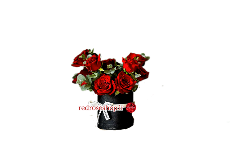 باکس-گل-مصنوعی-مینیمال-گرد-مشکی-رز-قرمز-برگ-اکالیپتوس