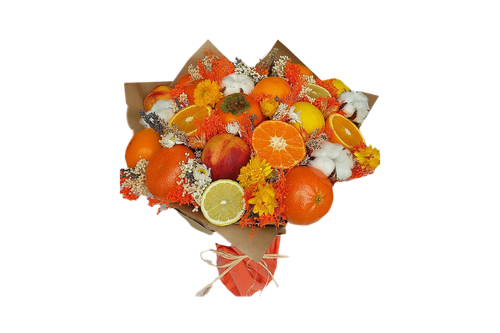 دسته-گل-و-میوه-یلوا-تم-نارنجی-پرتقال-پنبه-خرمالو-کاغذ-نارنجی
