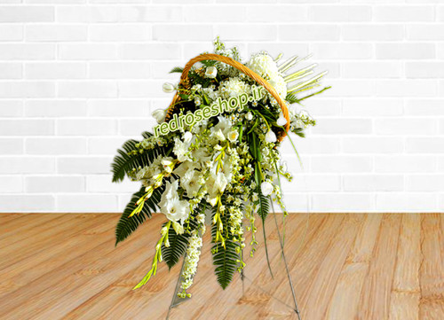 تاج-گل-آبشاری-با-سبد-وارونه-گل-گلایل-شبو-برگ-سبز-یک-طبقه-اروپایی