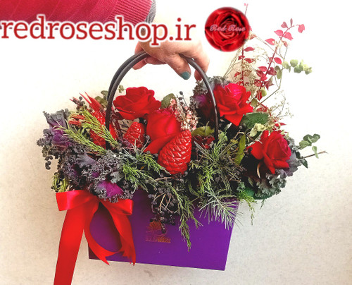 فلاور-بگ-کریسمس-رز-قرمز-کاج-برگ-جز-قرمز-بنفش-سبز-سوزنی-روبان-قرمز-ساتن