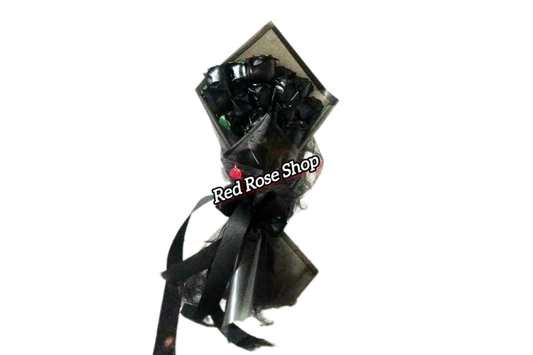 دسته- گل-یک-طرفه- رز- مشکی- بسته-بندی-تور- روبان-کاغذ- مشکی