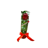 گل-رز-تک-شاخه-برگ-سبز-تزیینی-عروس-در-جام-استوانه-شیشه ای-روبان-قرمز
