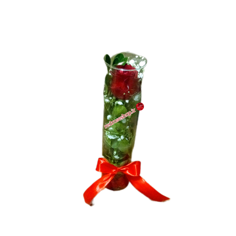 گل-رز-تک-شاخه-برگ-سبز-تزیینی-عروس-در-جام-استوانه-شیشه ای-روبان-قرمز