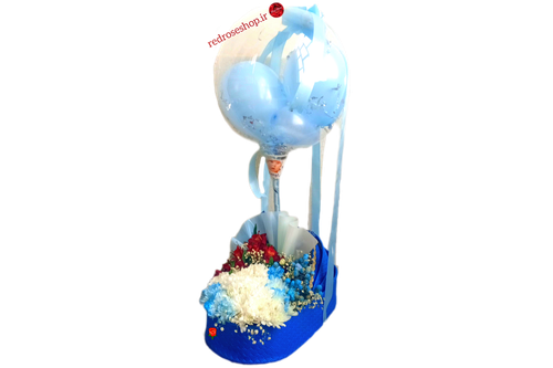 کریر-باکس-گل-داوودی-سفید-آبی-آلسترومریا-قرمز-بالن-بادکنک-آبی-هدیه-نوزاد-پسر