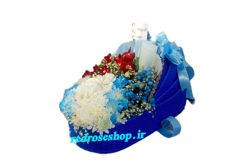 کریر-باکس-گل-داوودی-سفید-آبی-آلسترومریا-قرمز--هدیه-نوزاد-پسر