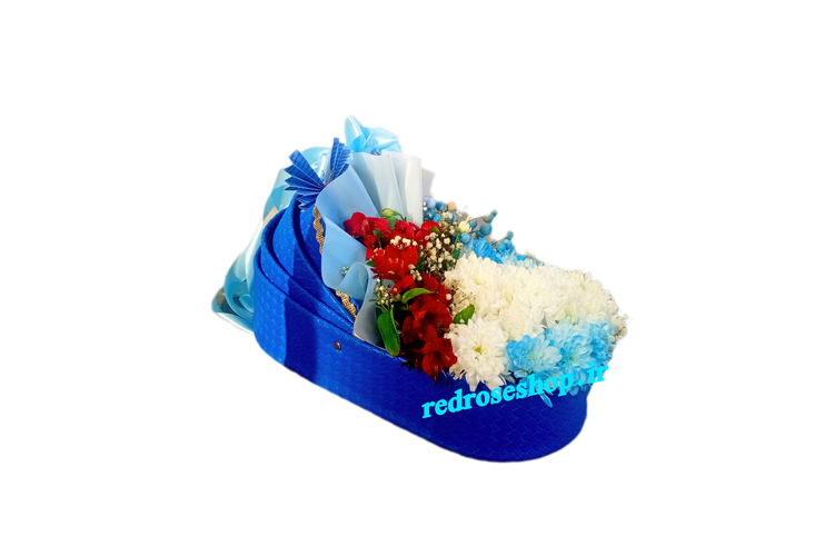 کریر-باکس-گل-داوودی-سفید-آبی-آلسترومریا-قرمز-هدیه-نوزاد-پسر