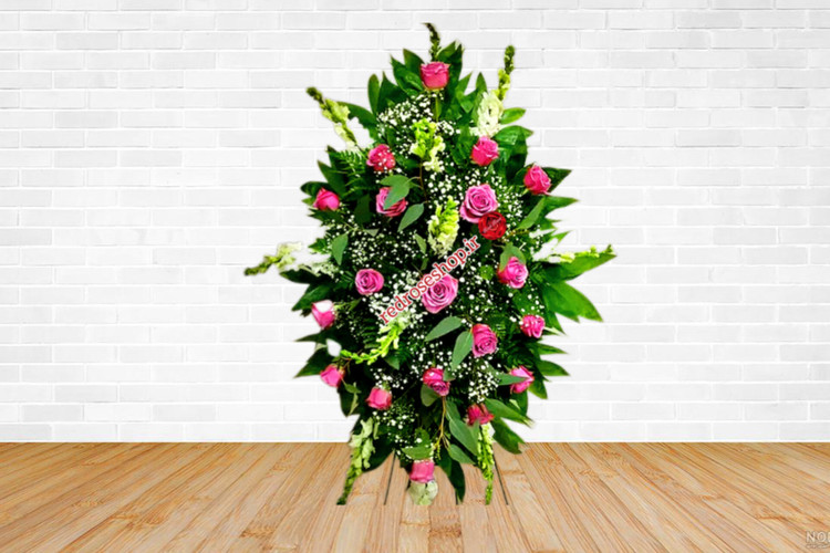 تاج-گل-یک-طبقه-رز-صورتی-گلایل-سفید-برگ-سبز