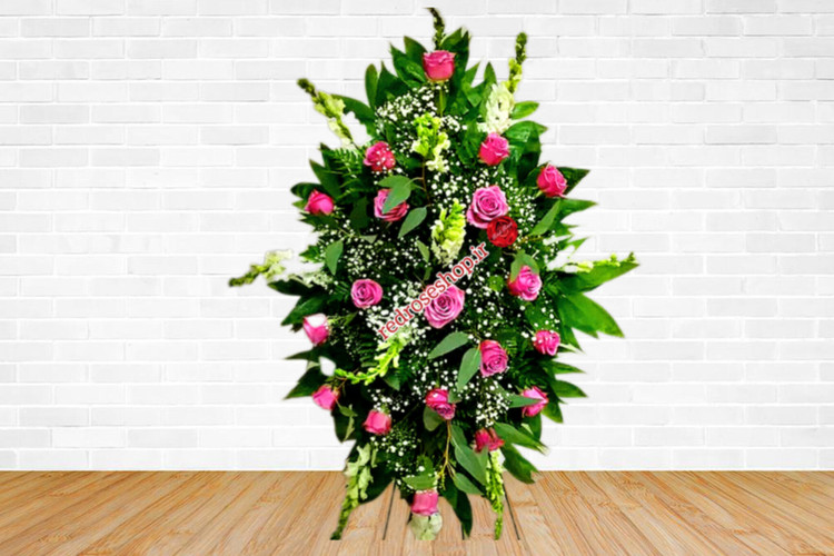 تاج-گل-یک-طبقه-رز-صورتی-گلایل-سفید-برگ-سبز