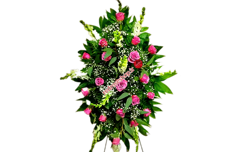 تاج-گل-یک-طبقه-رز-صورتی-گلایل-سفید-برگ-سبز