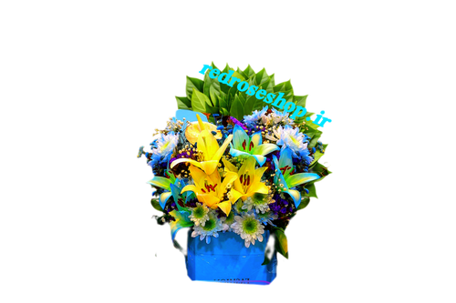 باکس-گل-لیلیوم-اوریناال-آبی-زرد-داوودی-سفید